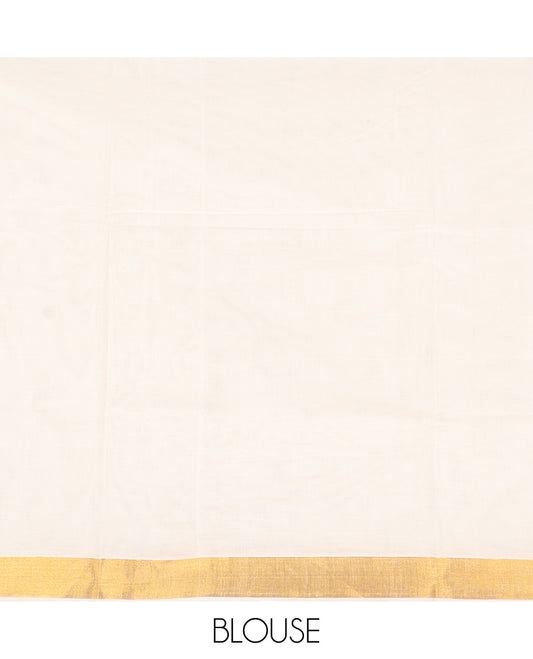 Cream Kerala Saree, Decked Up with Zari Stripes on Its Body, Subtly Sparkled Bavanji Border, Pallu Zari  Woven with Temple and Paisley Designs, and Paired with a Matching Blouse