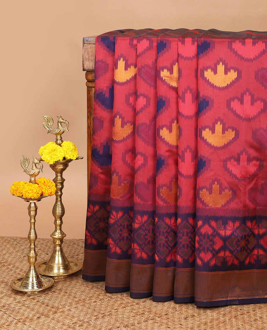 Pink with navy blue zari pochampalli weaving design mulberry silk saree with bawanchi, ikkat weaving border & rich pochampalli weaving pallu along with plain blouse