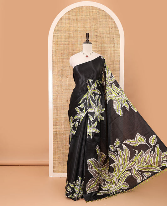 Black-base plain body khadi cotton saree with batik-style green-color floral printed border & pallu, line-type blouse