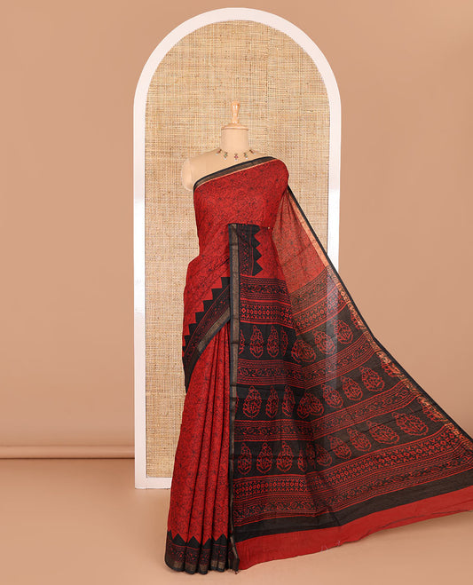 Red floral vine hand block printed Chanderi cotton saree with temple border of print, and piping zari work, printed pallu, and a zig-zag striped blouse