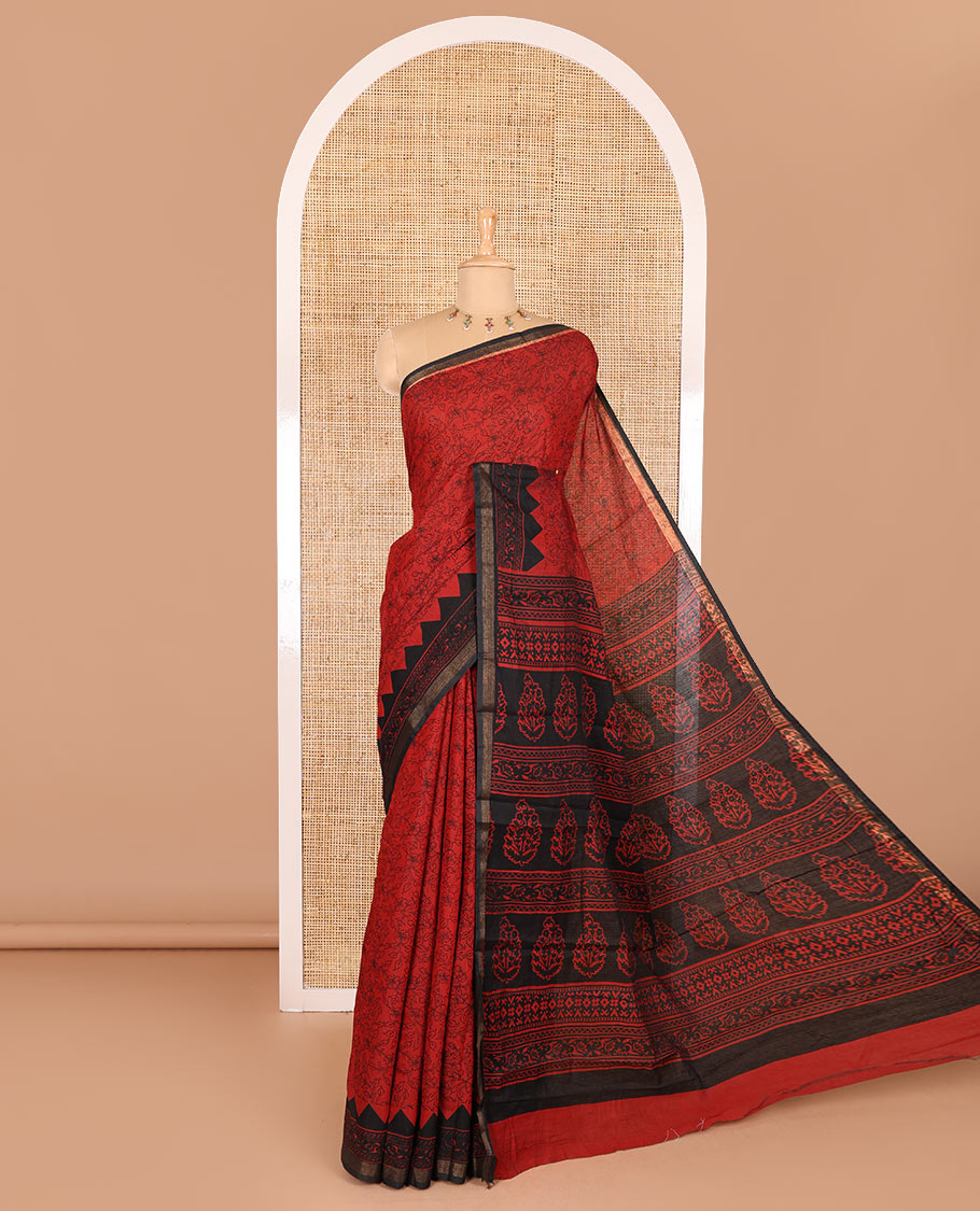 Red floral vine hand block printed Chanderi cotton saree with temple border of print, and piping zari work, printed pallu, and a zig-zag striped blouse