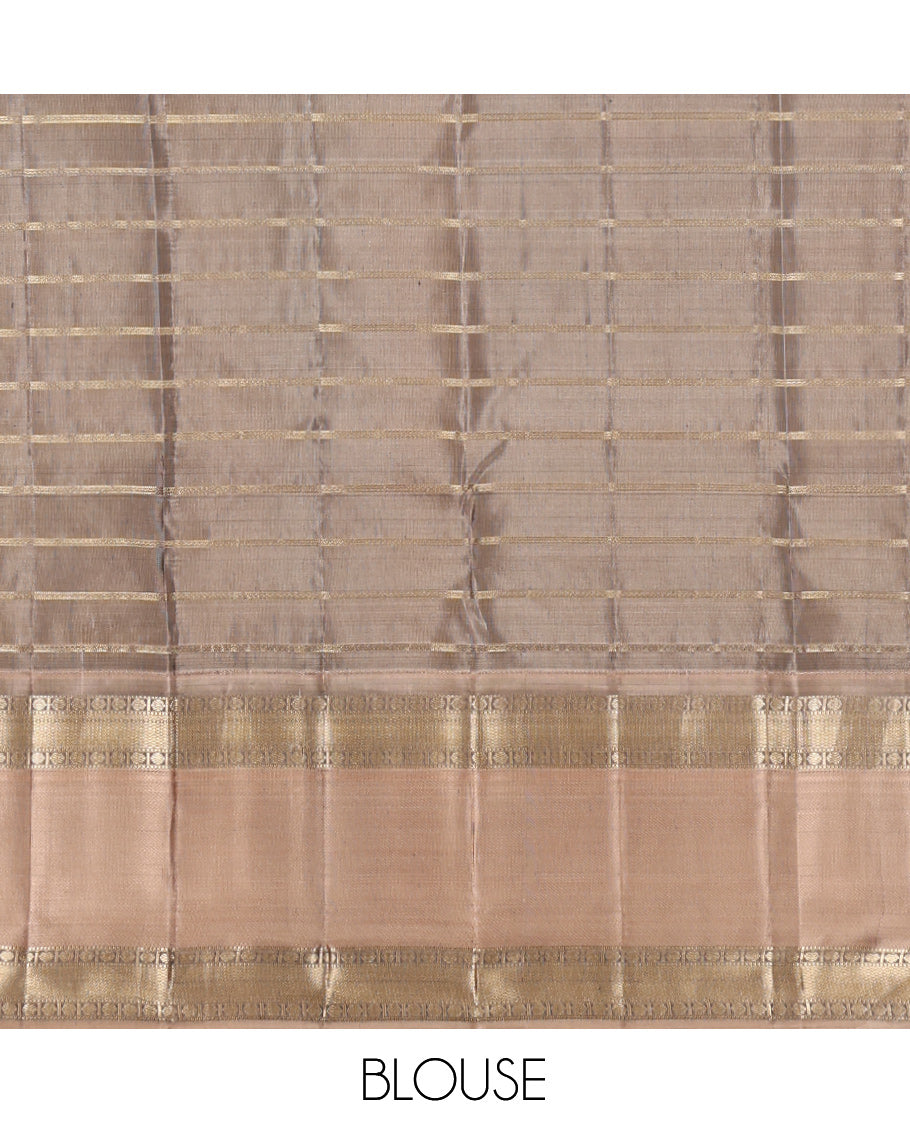 Green Vasundhara Silk Saree, Embellished with Zari Butta Enclosed Checks, Contrast Rettai Pettu Border, Sparsely Woven Pallu, and a Contrast Blouse