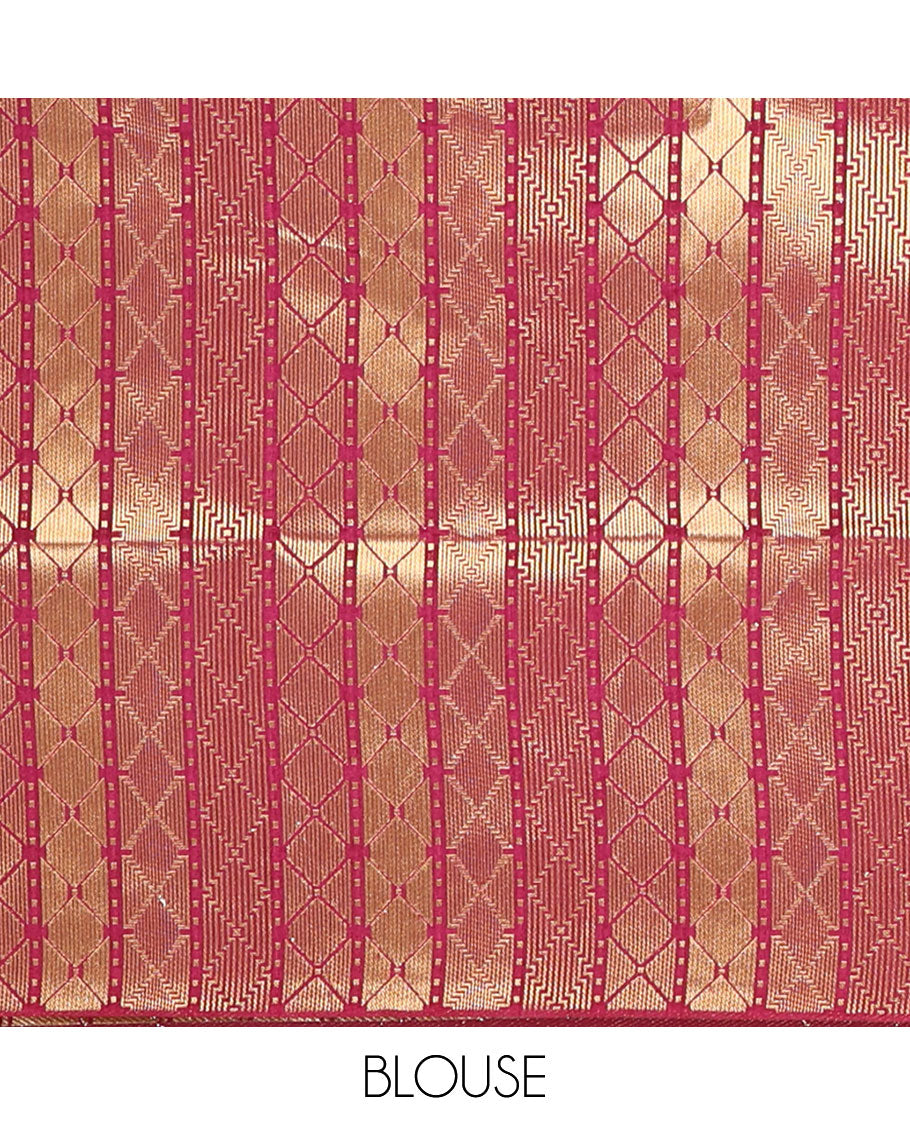 Jamun pink banaras style mango butta dola raw silk saree with bavanji border & bavanji temple style pallu along with geometrical design blouse