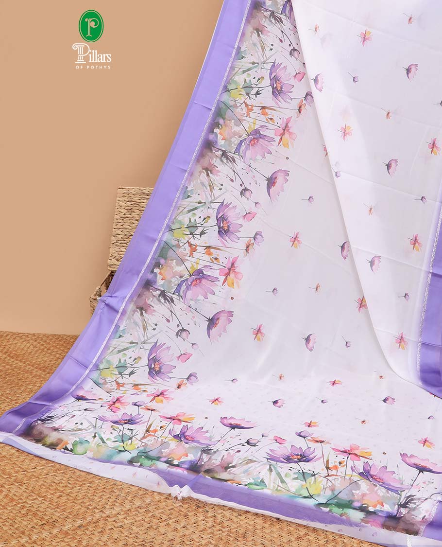 White digital floral design moss chiffon saree with contrast lavender zari border & floral design pallu