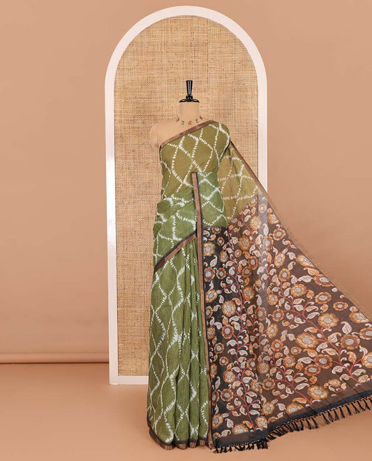 Olive argyle shibori printed linen cotton saree, contrast border, kalamkari floral vine printed pallu, and a contrast kalamkari printed blouse