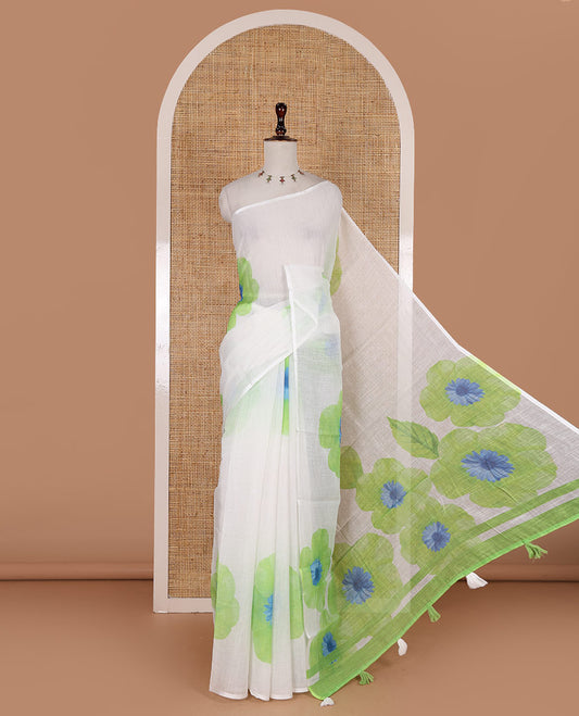 Borderless white and green floral printed linen cotton saree, contrast plain blouse