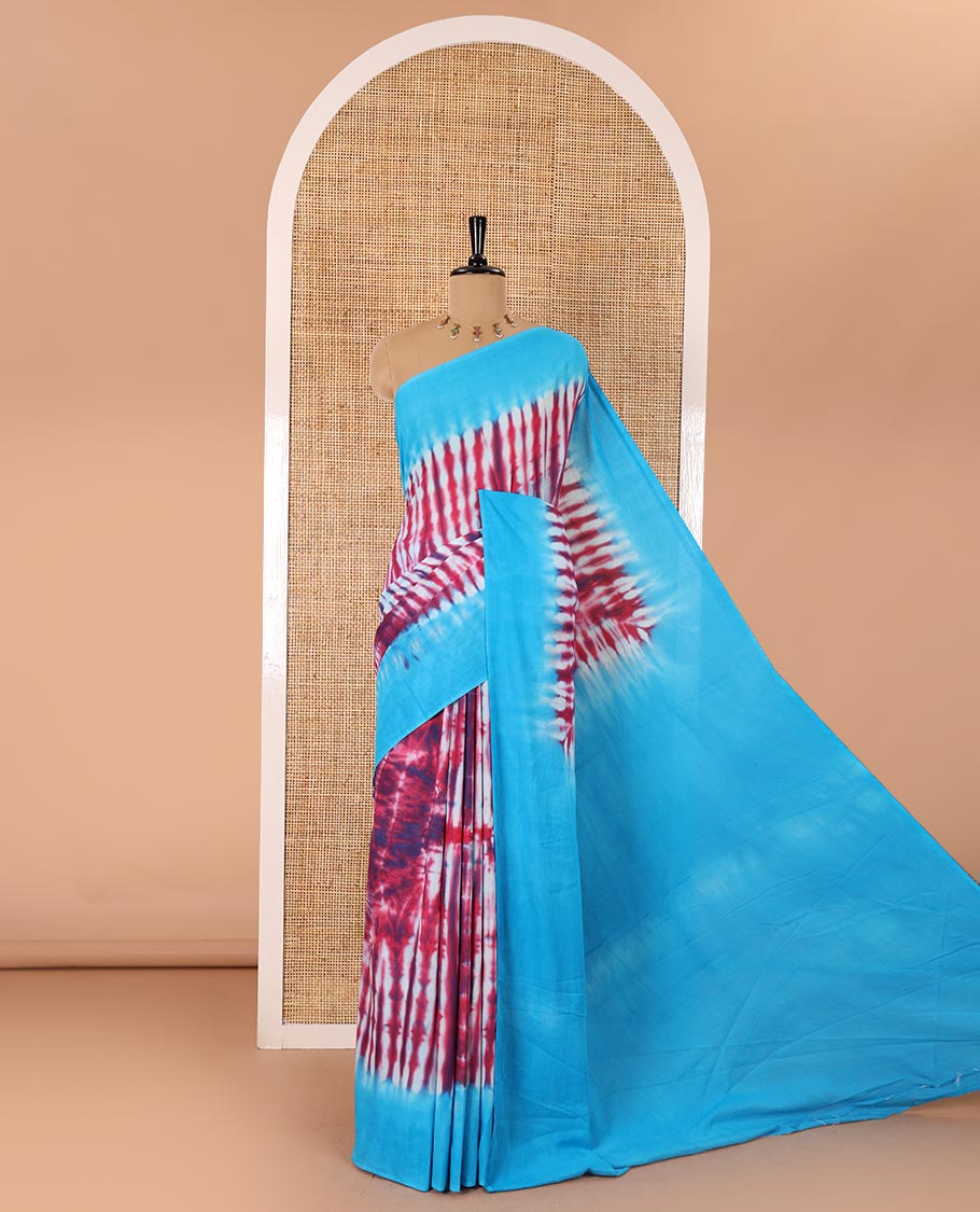 Pink shibori printed pure cotton saree, contrast plain border, plain pallu, and contrast plain blouse