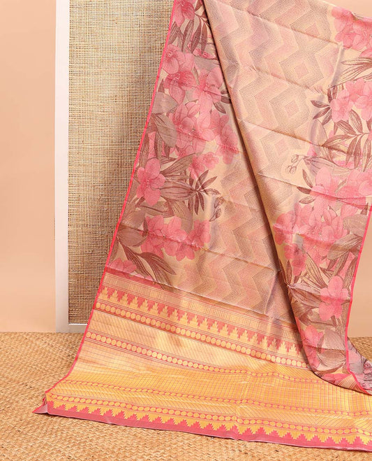 Sandal geometric design kanchipuram designer silk saree with self floral design border & geometric design pallu