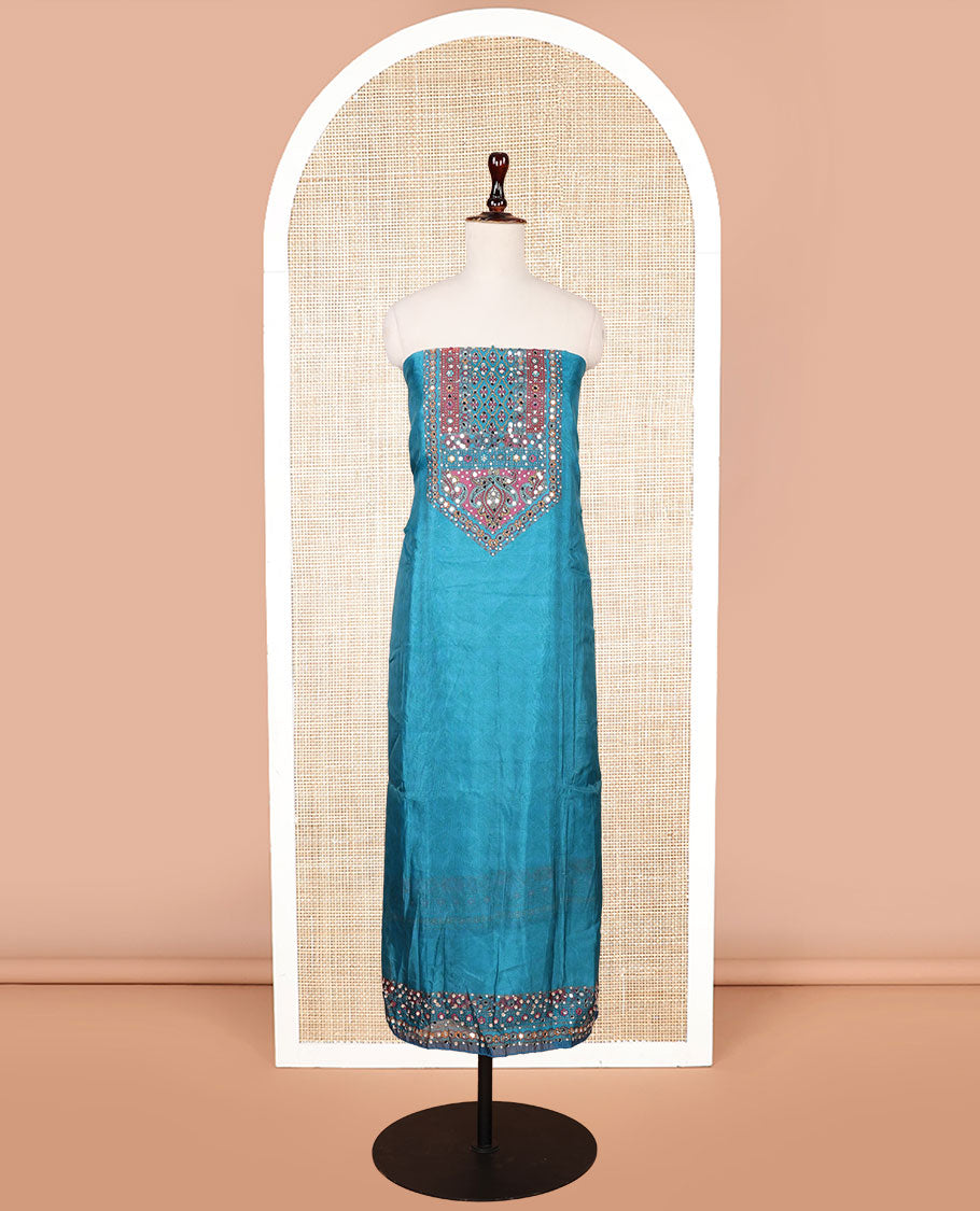 Green ajrak digital print, mirror, stone  work organza chudidhar material top with santton material pant & floral digital print, mirror work dupatta