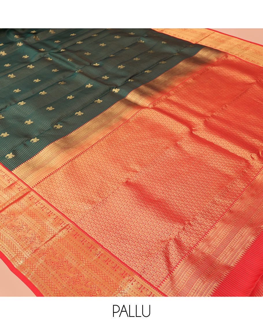 Green Kuthirai Buttas-Striped Vasundhara Lite Silk Mix Saree, a Contrast Mayil Border, Intricate Pallu, a Contrast Blouse