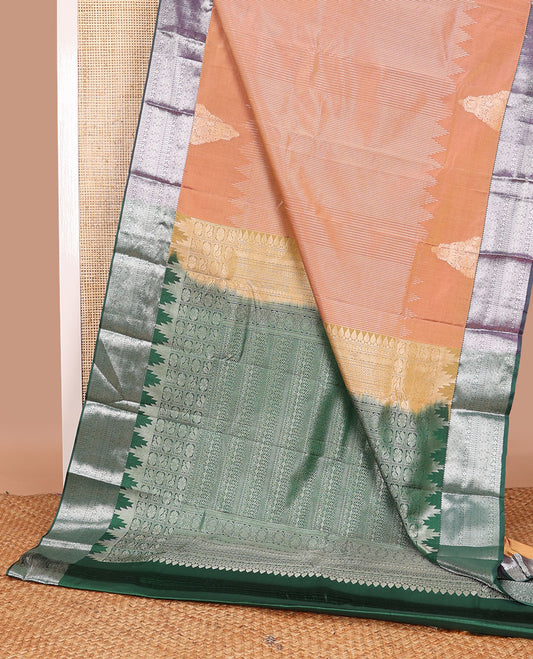 Brown striped gift saree with contrast zari design border & floral design pallu