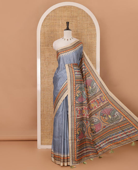 Blue plain semi-tussar saree, contrast temple geometric printed border, kaleidoscope-colored Madhubani-style printed pallu & contrast plain blouse