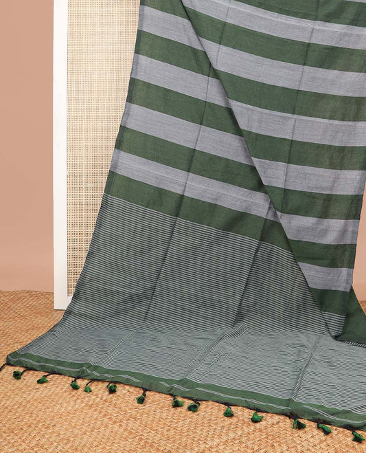 Borderless Grey with dark green striped khadi cotton saree