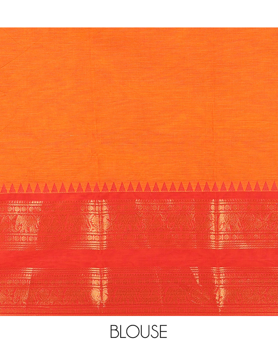 Orange Chettinad Cotton Saree, a Contrast Traditional Rettai Pettu Temple Border, Striped Pallu, and Matching Blouse