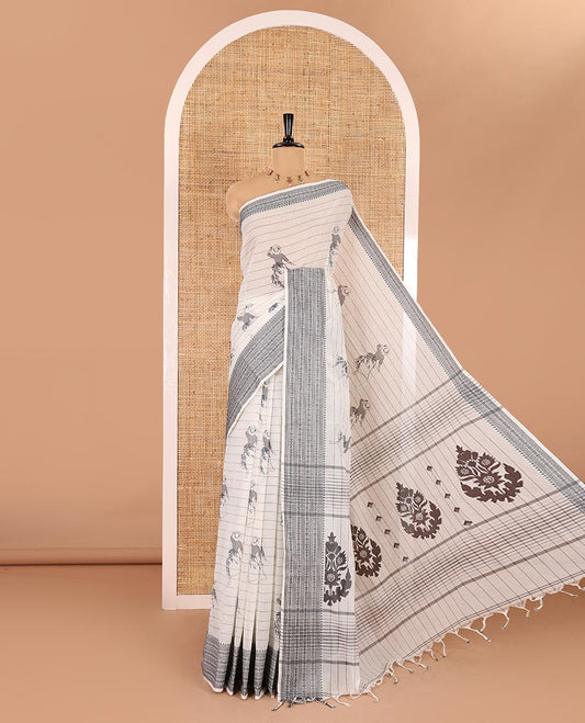 Cream-black horizontal striped and girl motifs printed Mangalagiri cotton saree, traditional motifs woven border, printed pallu, and a contrast blouse