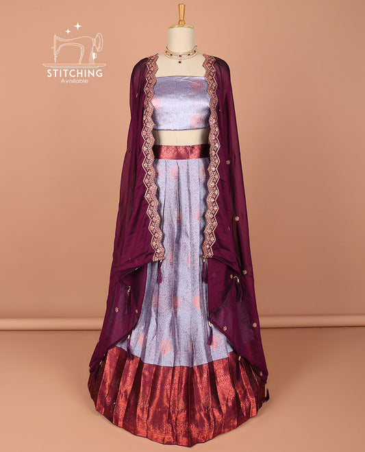 Lavender floral design half saree with contrast zari border, zari design blouse & floral buttas, scallop border dhavani