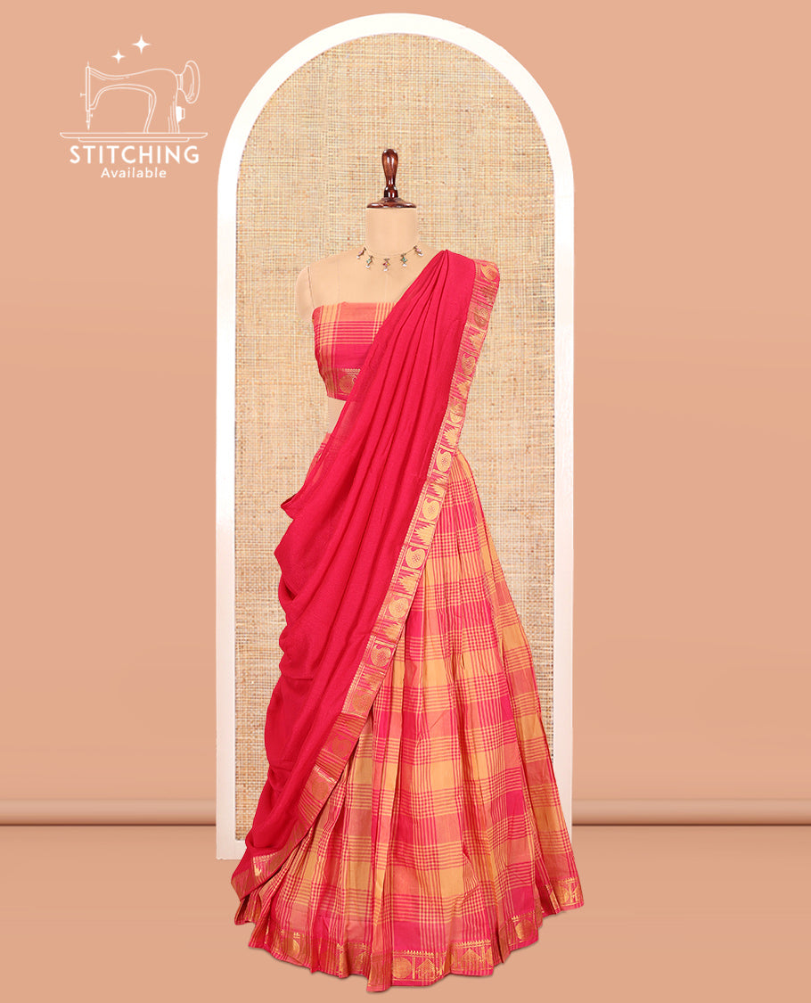 Multi-Color Checked Chettinad Cotton Half-Saree Features a Temple-Paisley Border, Matching Blouse, Contrast Dhavani