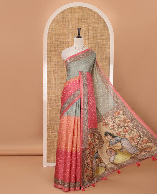 Pink 3D-dying with bandhani printed design kota saree , self printed border , radhe and kalamkari style printed pallu & contrast printed blouse