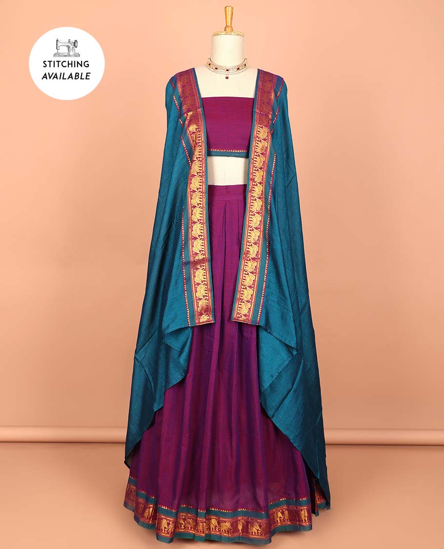 Blue cotton half saree with contrast zari border, plain blouse & plain with zari border dhavani