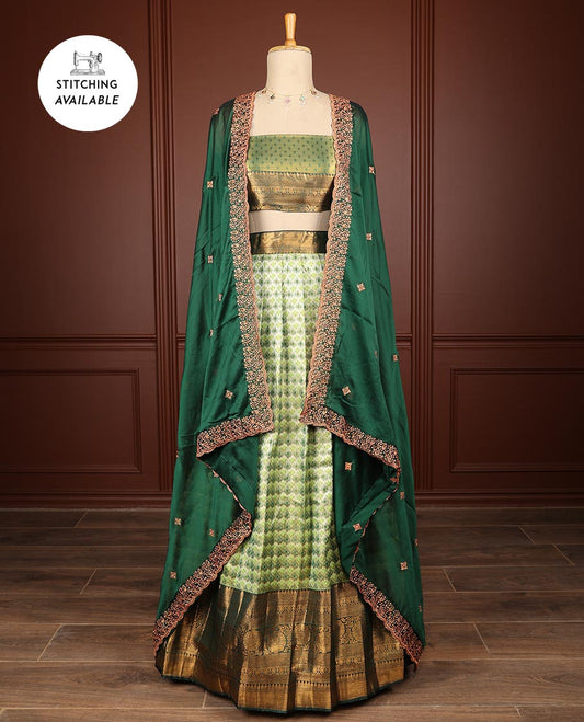 Green floral vine design half saree with contrast zari design border, zari design blouse & floral embroidery scallop border dhavani