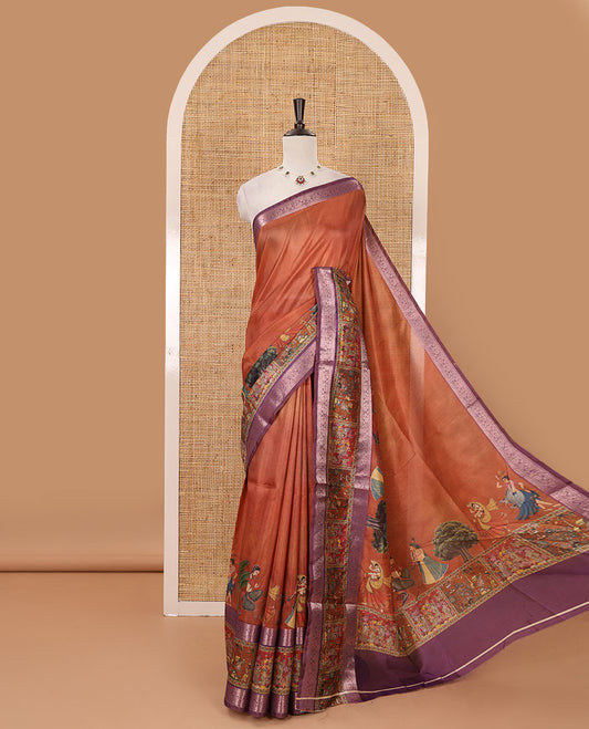 Orange ancient human printed semi-tussar saree, traditional rettai pettu border of ancient human motifs print, printed pallu & running blouse