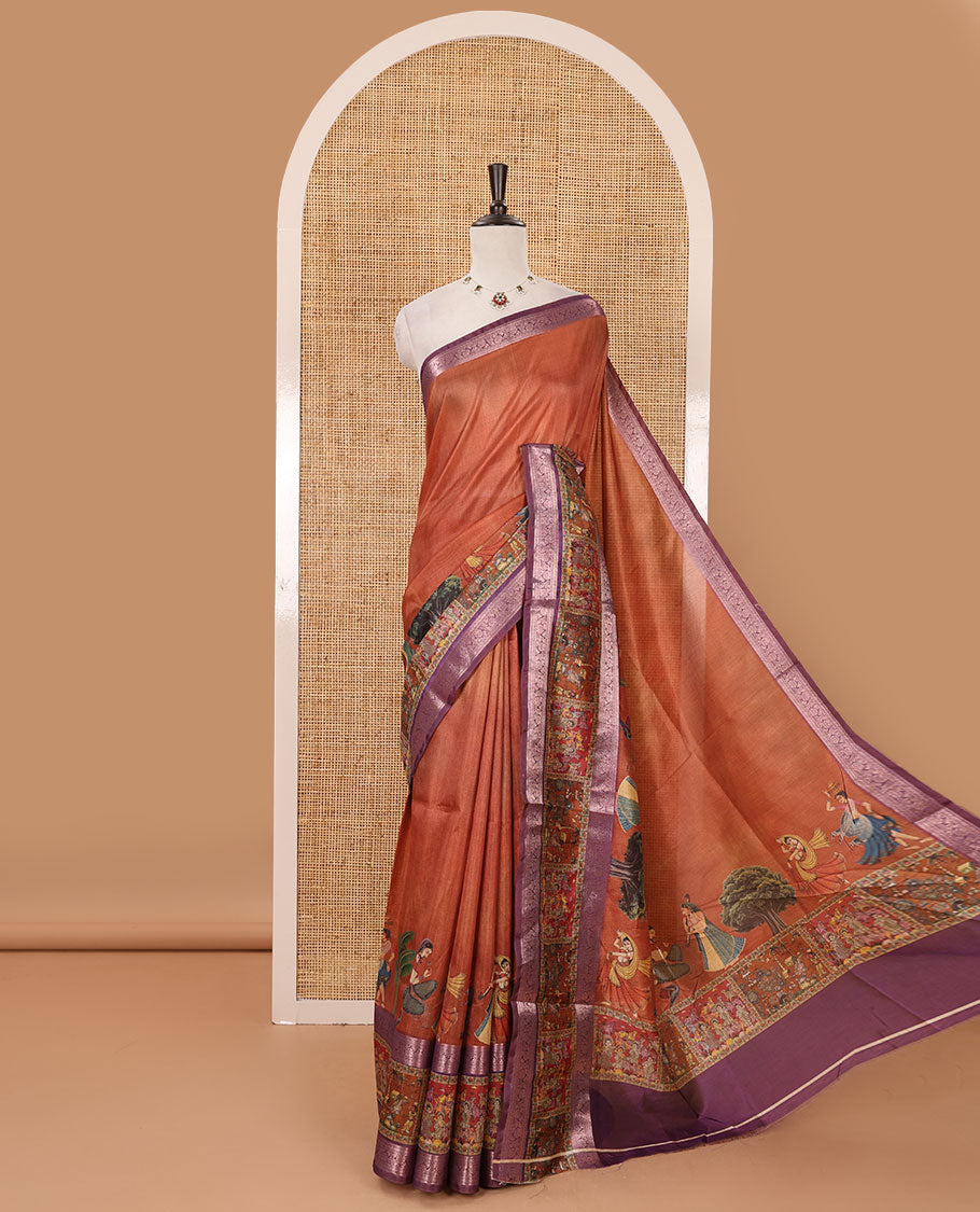 Orange ancient human printed semi-tussar saree, traditional rettai pettu border of ancient human motifs print, printed pallu & running blouse