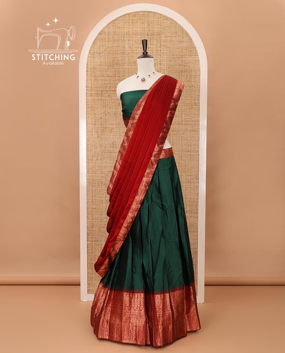 Green taffeta silk material chudidar,plain skirt,contrast temple traditional zari border,zari design blouse & zari border georgette dhavani