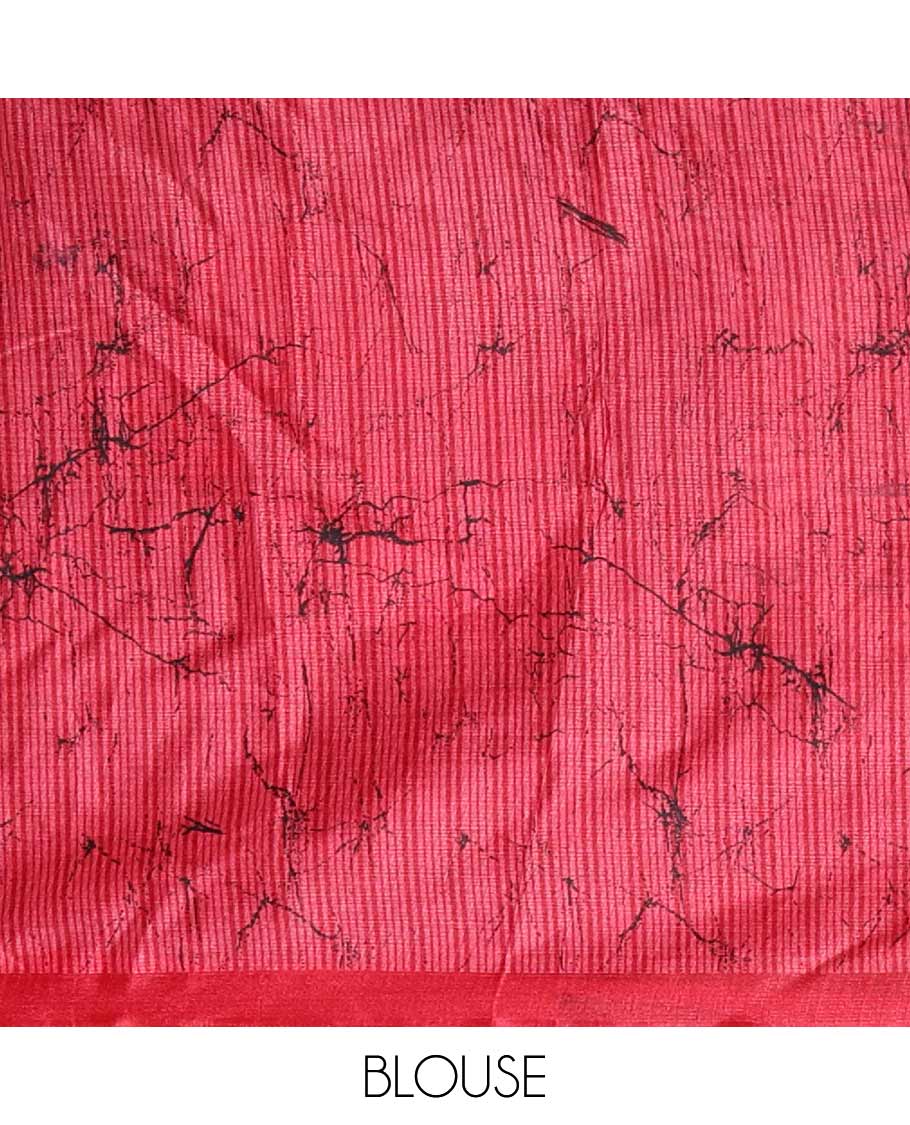 Black batik-style uniquely printed khadi cotton saree, contrast red piping plain border & printed pallu