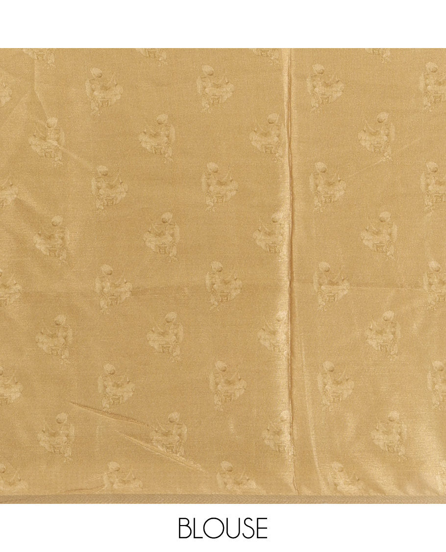 Gold pichwai print muslin cotton saree with zari piping border & pichwai printed pallu along with printed blouse