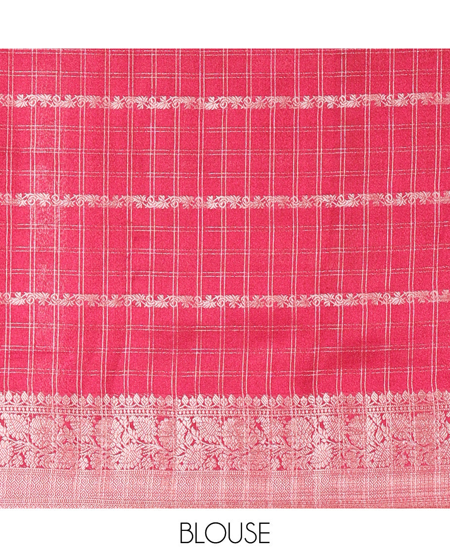 Off-White Fancy Georgette Saree, Woven with Zari Designs, Complemented by a Contrast Ganga-Jamuna Zari Temple Border of Traditional Designs, Pallu of Paisleys, and Paired with a Contrast Blouse