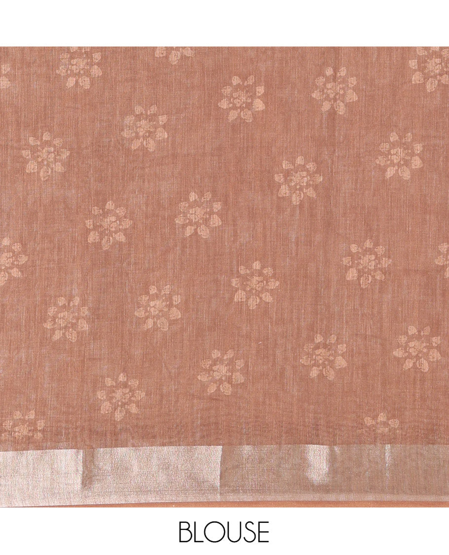 Chikku and Brown Linen Cotton Saree, Subtly Designed with Half-And-Half-Style Dual-Color Dye on Its Body, Complemented by a Contrast Bavanji Border, Pallu of Batik Print, and Paired with a Contrast Blouse