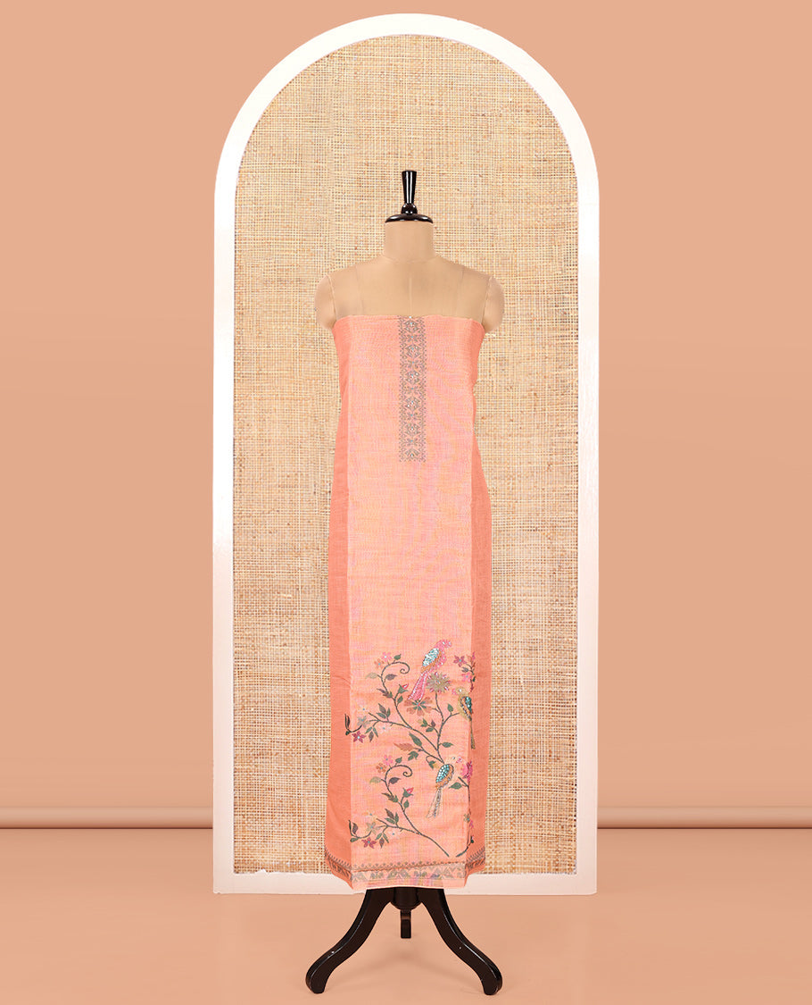 Orange Linen Tissue Material Chudidar Set, Elevated with Paithani Floral-Parrot Design on Its Top, a Contrast Plain Bottom, and Paired with a Linen Tissue Dupatta of Floral-Parrot Print