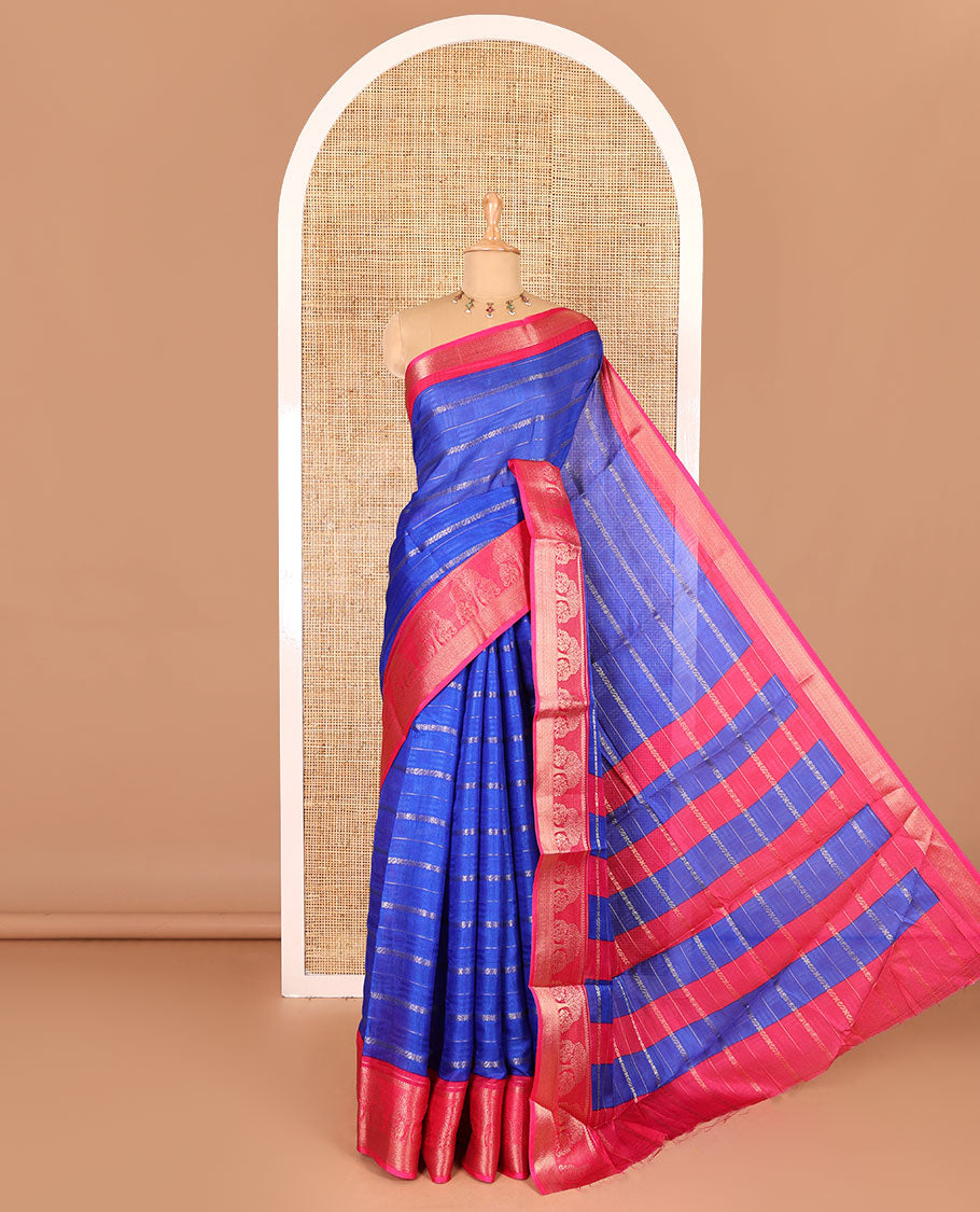 Royal blue traditional zari design dola silk saree, contrast tree of life and peacock design border, zari design pallu, and contrast zari woven blouse