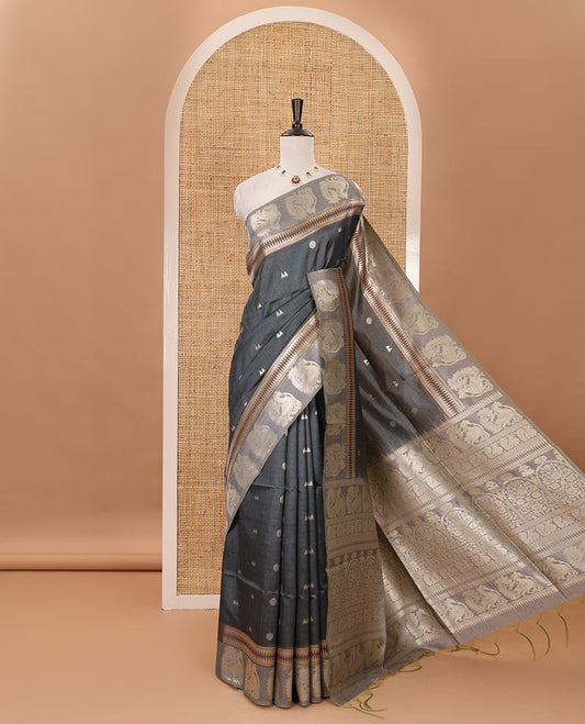 Forest green temple & rudraksham motifs fancy tussar saree, contrast traditional zari peacocks border, pallu of peacock & mughal floral design, & contrast zari blouse