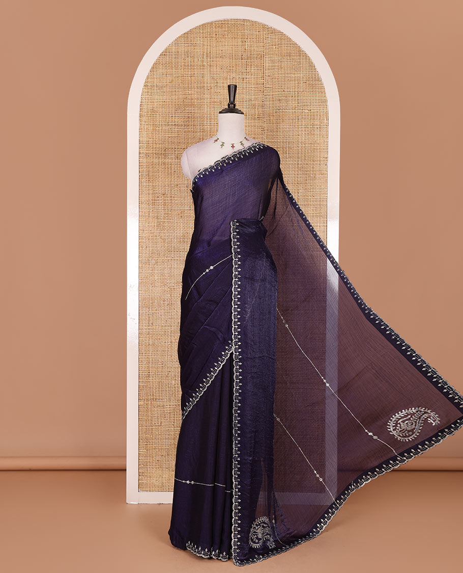 Blue micro stonework Fendi chiffon saree, scallop micro stonework border, stonework paisley pallu, and matching micro stone work blouse