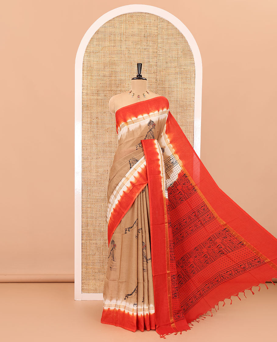 Brown Authentic South Indian women motifs printed chennur silk saree, contrast plain border, printed pallu, and a contrast plain blouse