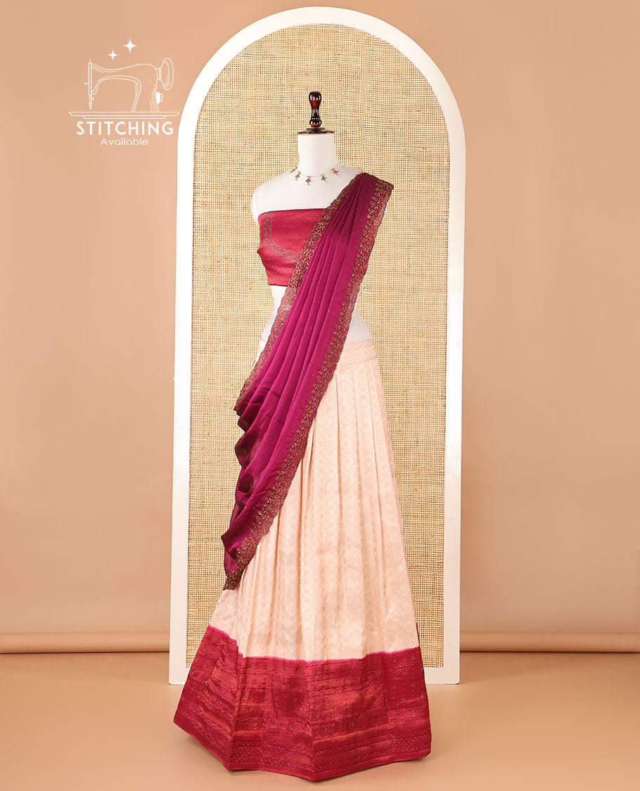 Cream banaras softy half-saree, brocade skirt, contrast traditional border, brocade blouse & stonework scallop georgette dhavani