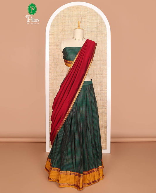 Green mercerised cotton daman zari border, checked design  half saree with mercerised cotton checked blouse & skya georgette one side zari border work