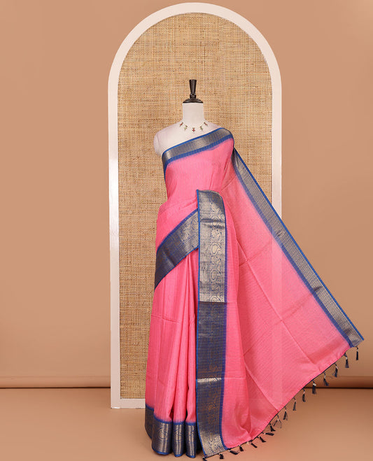 Pink gold zari vertical striped dola silk saree, contrast traditional zari border of manga design, striped pallu & contrast diamond design blouse