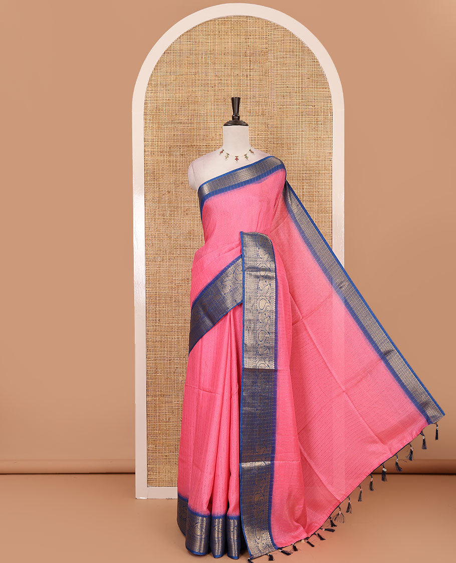 Pink gold zari vertical striped dola silk saree, contrast traditional zari border of manga design, striped pallu & contrast diamond design blouse