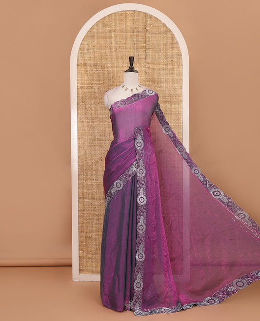 Lavender full-plain fendy chiffon saree, scallop swarovski stone work geometric border and contrast plain blouse