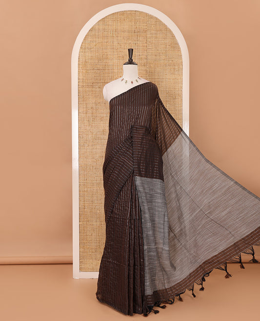 Borderless brown vertically striped khadi cotton saree, contrast grey plain pallu & matching plain blouse