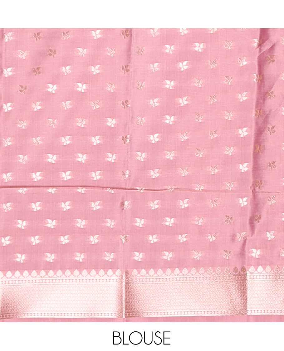 Borderless Dusky Pink Elite Soft Silk Saree, Beautified with Leaf Motifs, a Self-Pallu of Floral Designs, and a Matching Blouse