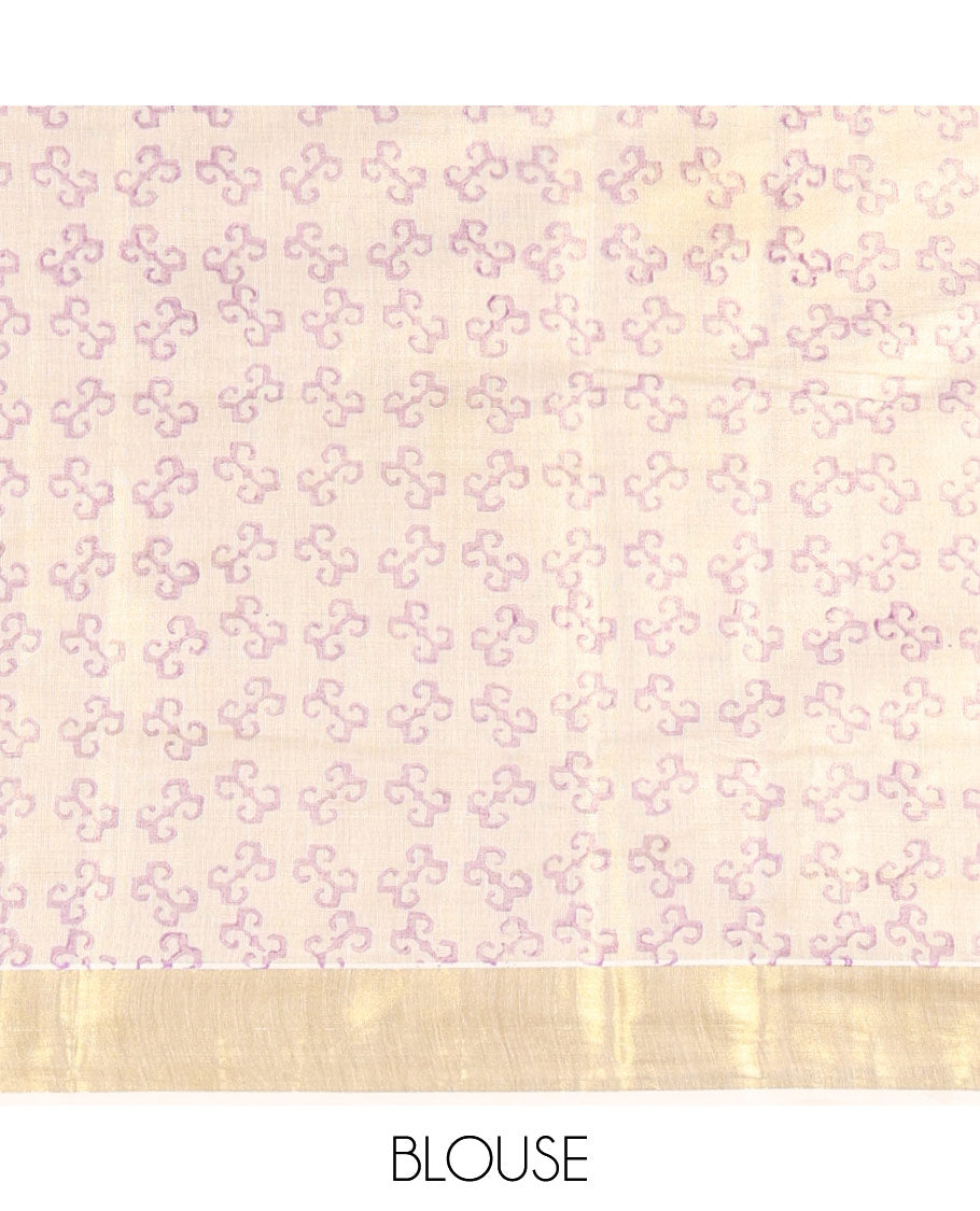 Cream Kerala Tissue Saree, Enriched with Floral Vine Motifs Printed on Its Body, Gleaming Golden Zari Border, Pallu Mirrors the Same Floral Vine Print, and Paired with a Matching Printed Blouse