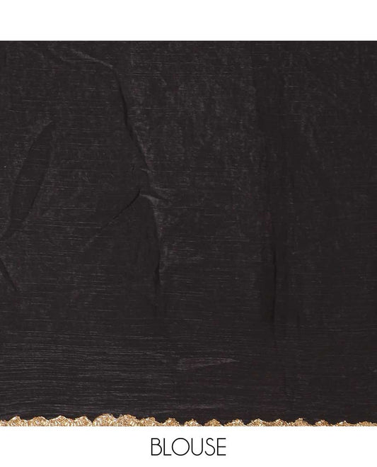Black fendy chiffon saree with hand work border & self pallu along with hand work blouse