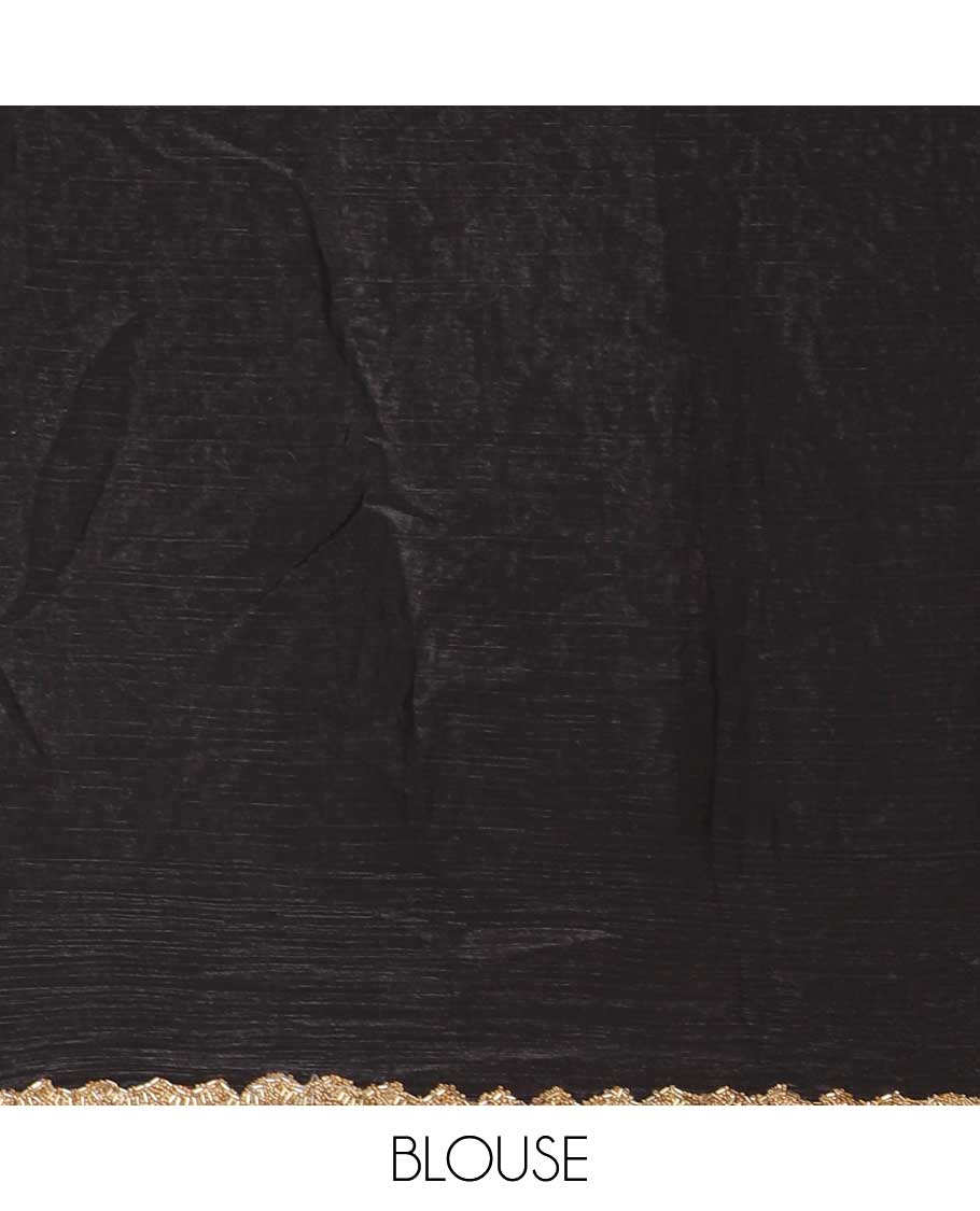 Black fendy chiffon saree with hand work border & self pallu along with hand work blouse