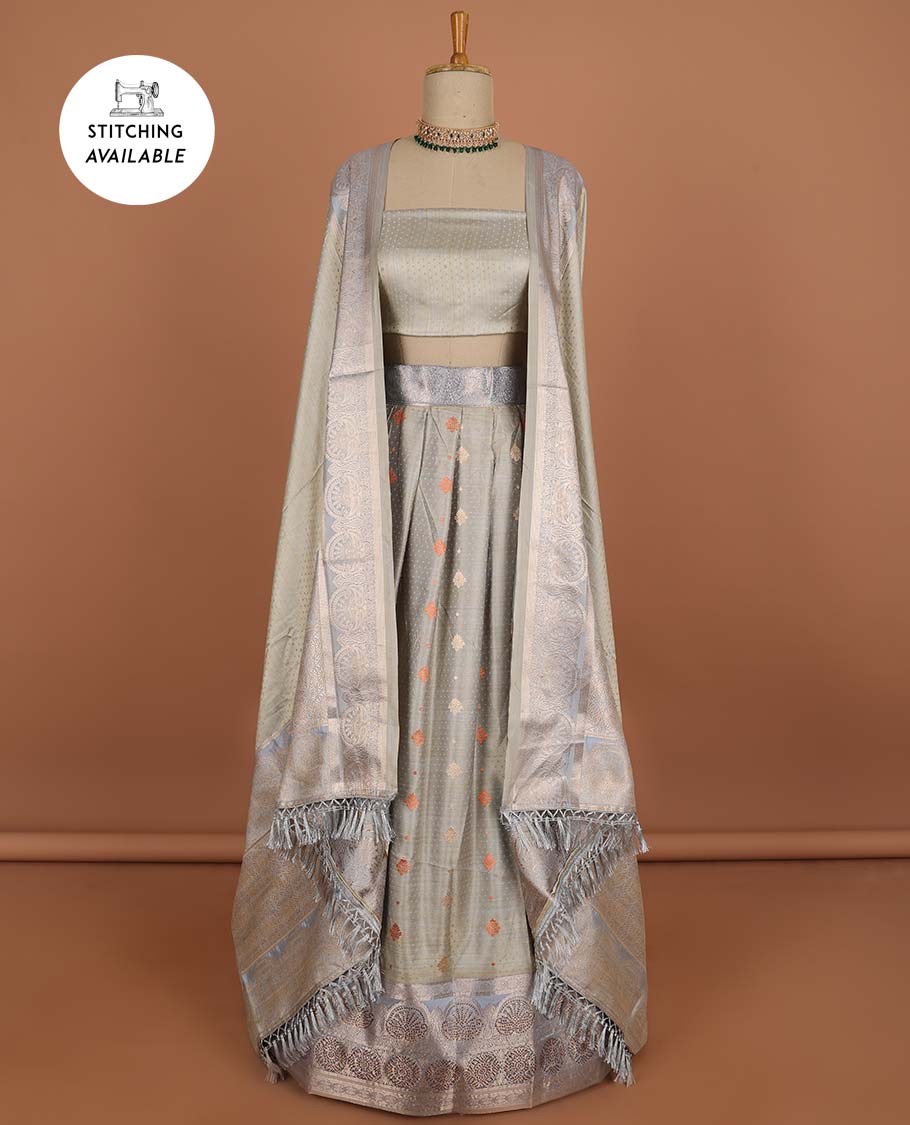 Green floral buttas half sare with contrast zari border, zari design blouse & intricate zari design dhavani