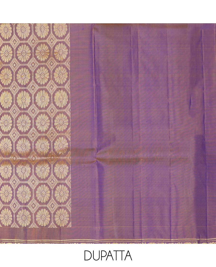 Blue floral design pure silk half saree with contrast zari border,  contrast zari design blouse & plain with zari border dhavani