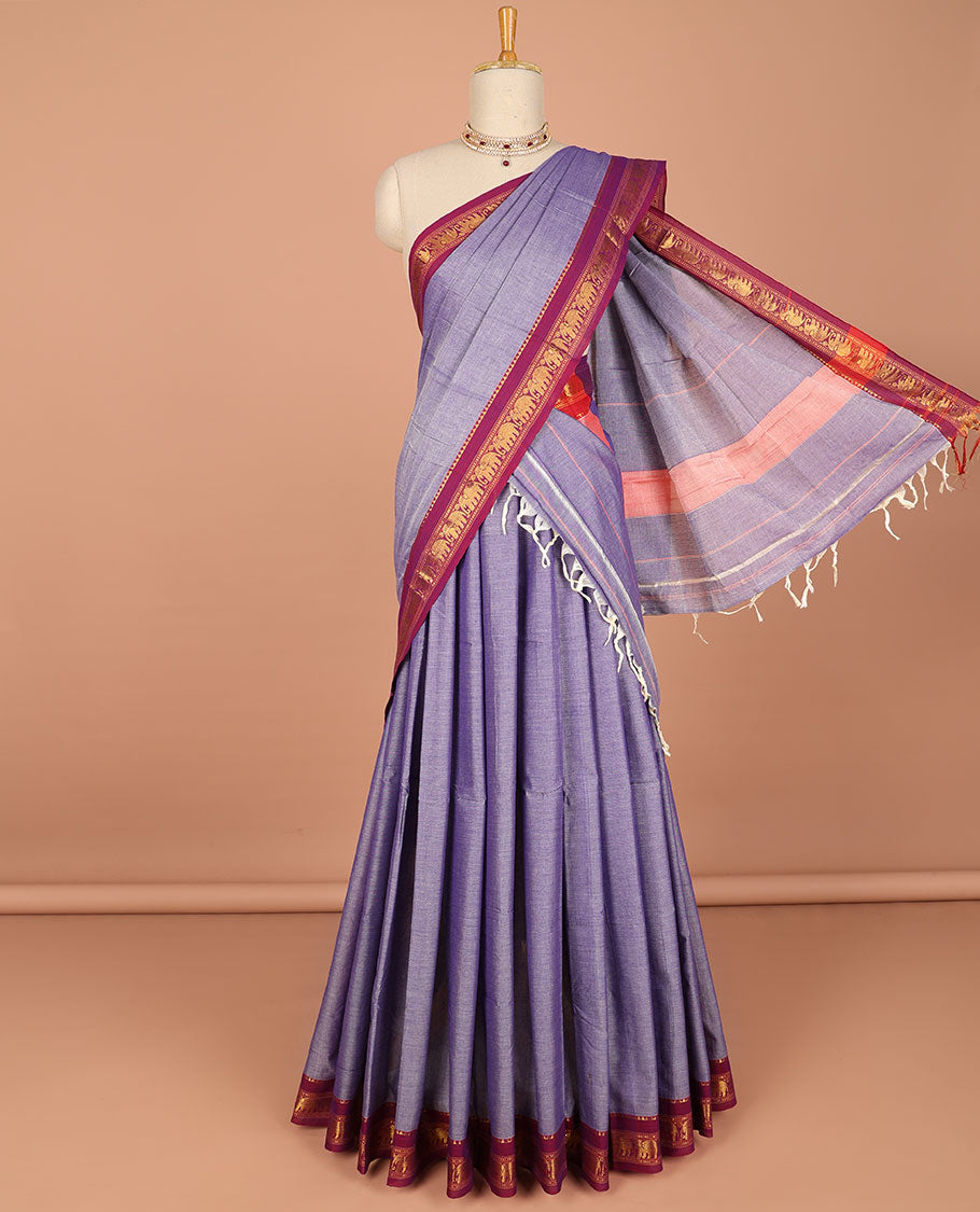 Purple cotton half saree contrast zari border with plain blouse & plain dhavani with contrast elephant zari border