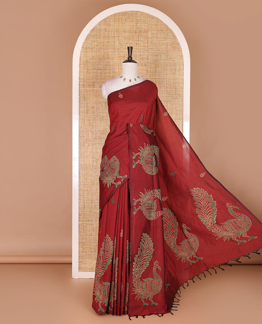 Borderless maroon pretty peacock motifs hand block style printed south cotton saree with contrast printed blouse